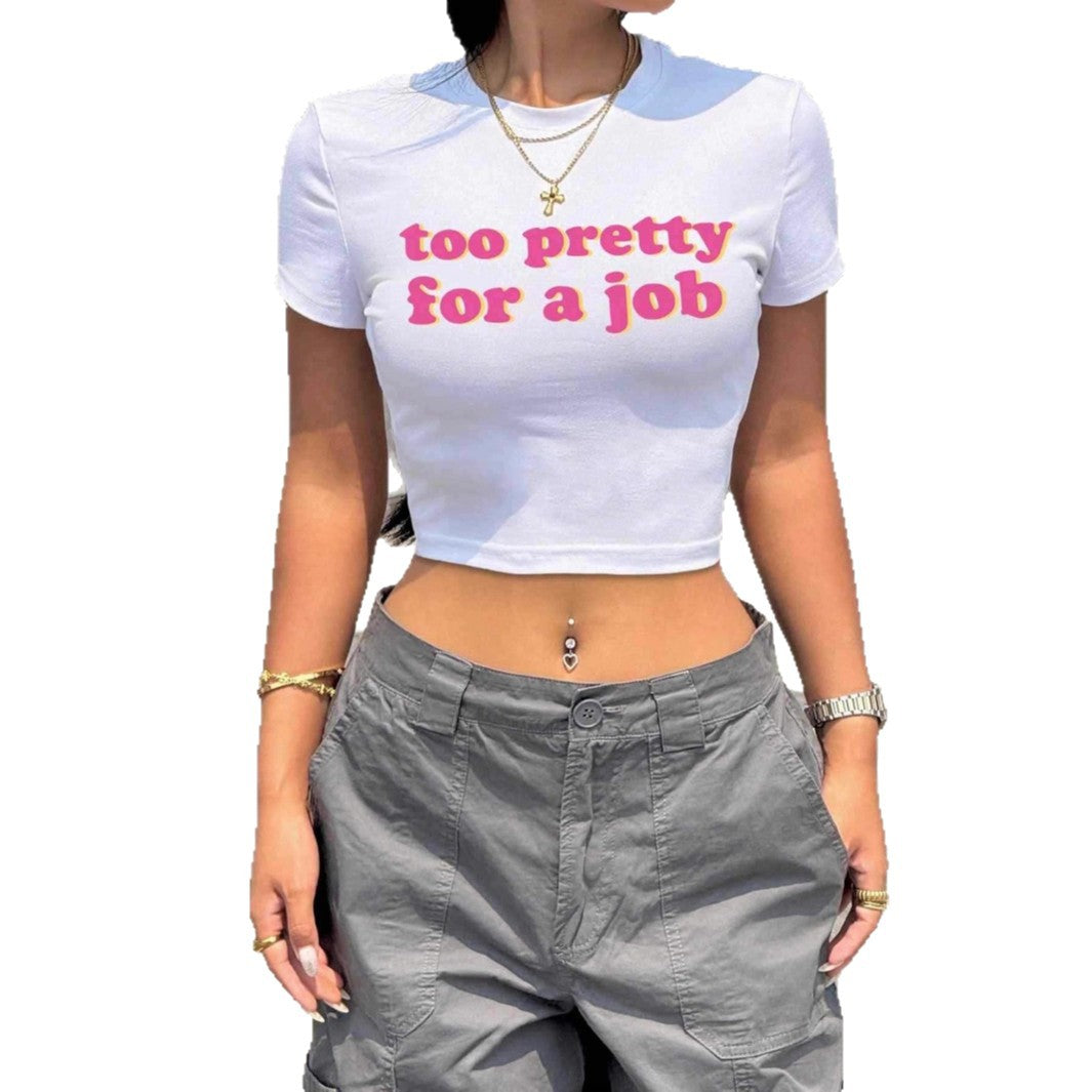 Damen Kurzarm Crop-T-Shirt mit witzigem Schriftzug Drune