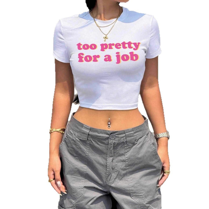 Damen Kurzarm Crop-T-Shirt mit witzigem Schriftzug Drune