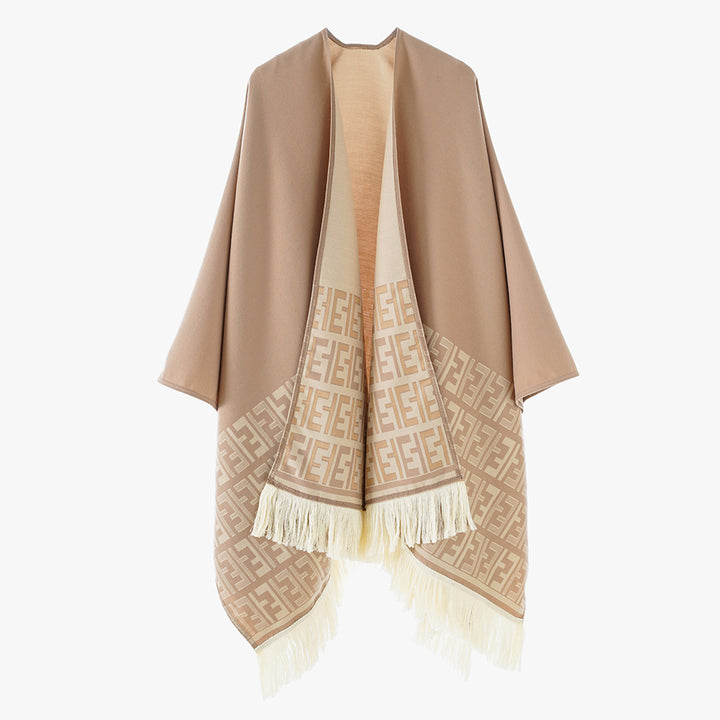 Damen Reversibler Capeponcho mit Monogramm‑Bordüre und Fransensaum Drune