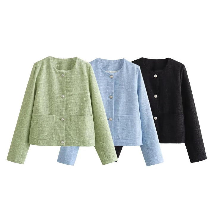 Damen elegante Kurzjacke mit dekorativen Knopfdetails und praktischen Taschen Drune