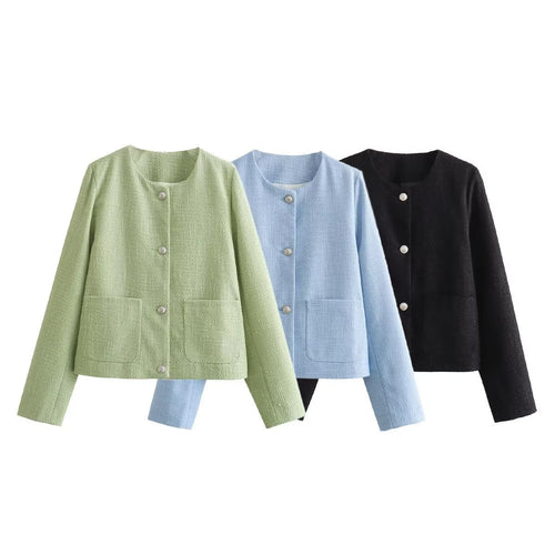 Damen elegante Kurzjacke mit dekorativen Knopfdetails und praktischen Taschen Drune