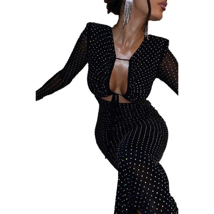 Damen Elegantes Maxikleid mit transparenten Ärmeln und Rüschendetails Drune