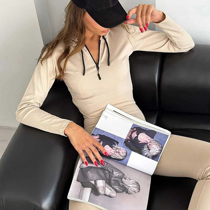 Damen figurnahes Rippjersey-Halbzip-Set mit tailliertem Longsleeve und High-Waist-Leggings Drune