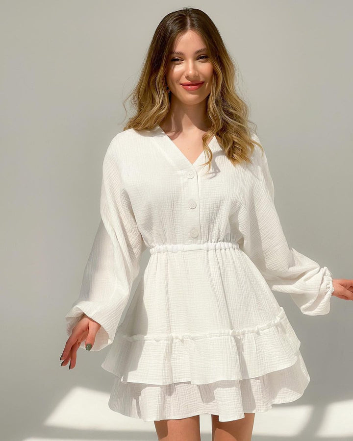 Damen lässiges Babydoll Kleid mit Knopfdetails und voluminösen Ärmeln Drune