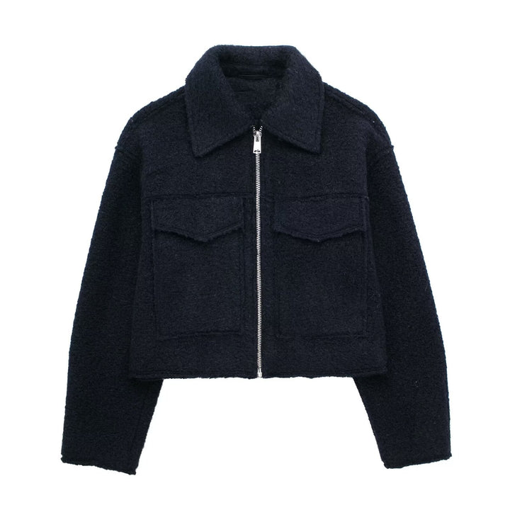 Damen Kurz geschnittene Teddyjacke mit Reißverschluss, Kragen und aufgesetzten Klappentaschen Drune