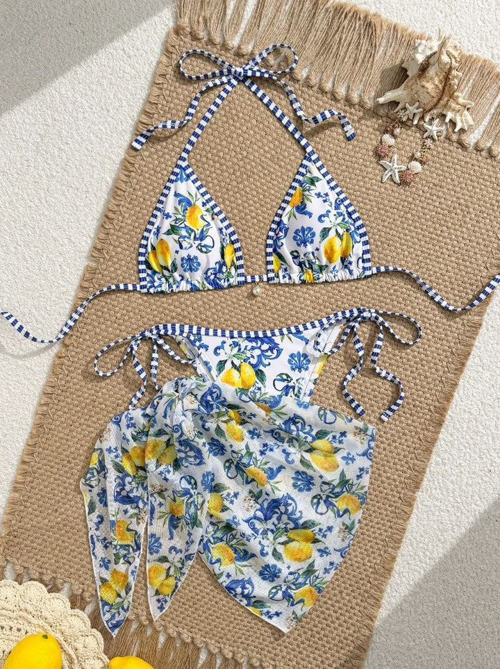 Damen Triangel-Bikini mit floralem Muster und verspieltem Pareo Drune