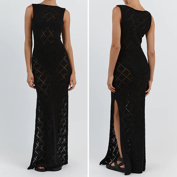 Damen Häkelkleid mit kreativem Rautenmuster und ärmellosem Schnitt Drune
