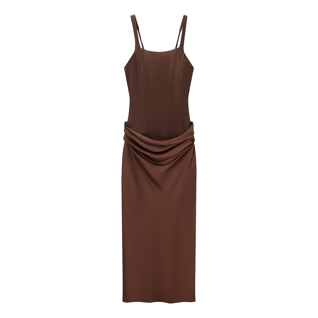 Damen elegantes Midikleid mit raffinierten Drapierungen und verstellbaren Spaghettiträgern Drune