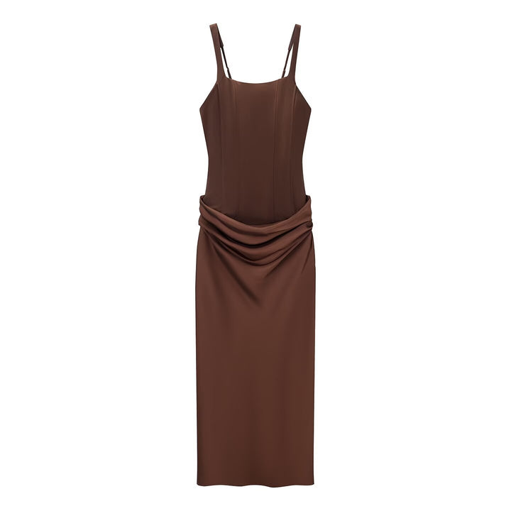 Damen elegantes Midikleid mit raffinierten Drapierungen und verstellbaren Spaghettiträgern Drune
