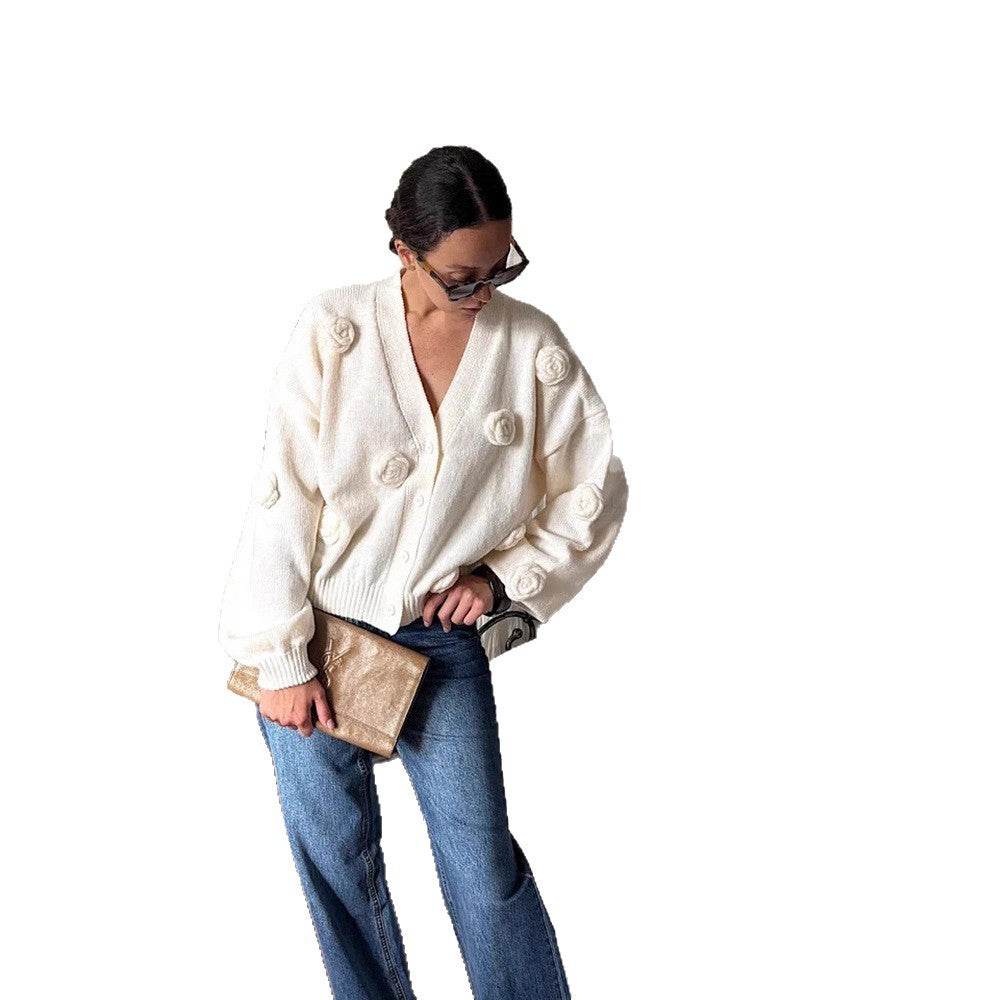 Damen Oversize-Strickcardigan mit dreidimensionalen Rosenapplikationen und V-Ausschnitt Drune