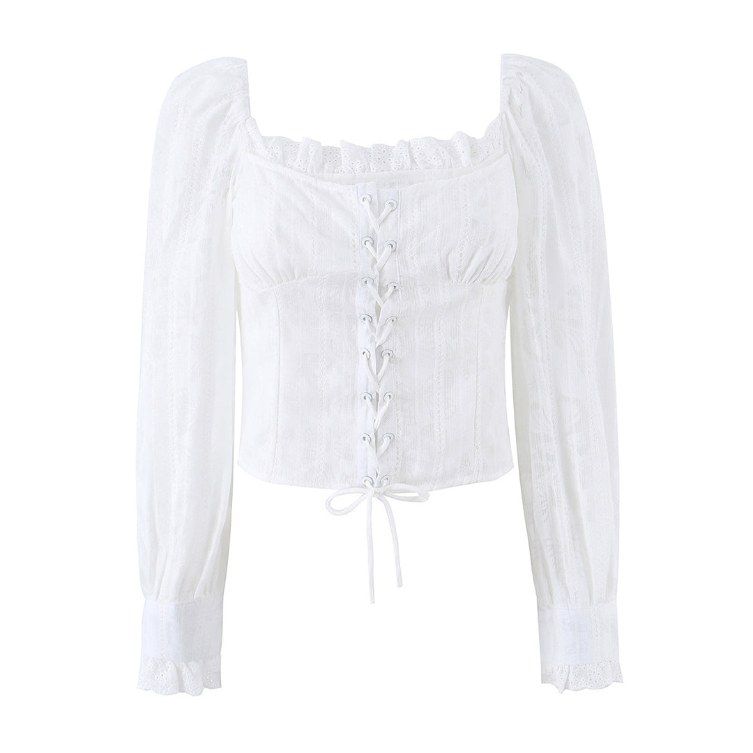 Damen Corsagen-Top im Broderie‑Look mit Schnürung und Puffärmeln Drune