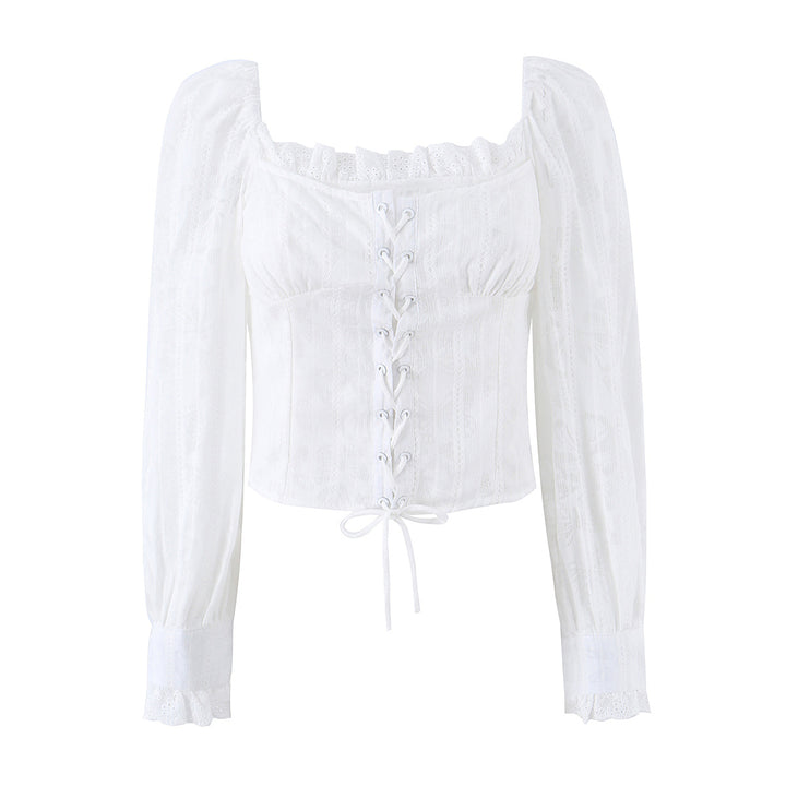 Damen Corsagen-Top im Broderie‑Look mit Schnürung und Puffärmeln Drune