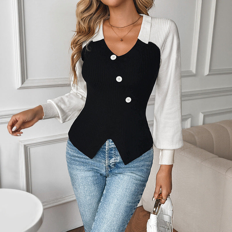 Damen Figurbetonte Strickbluse mit kontrastierenden Ärmeln, V‑Ausschnitt und asymmetrischer Knopfleiste Drune