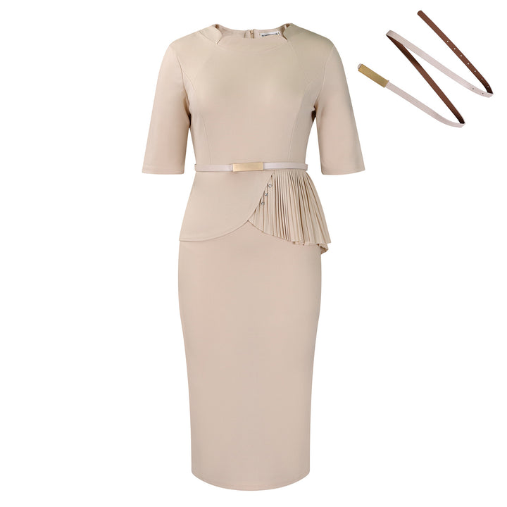 Damen Midi-Kleid mit drapierter Vorderseite und abnehmbaren Taillengürteln Drune