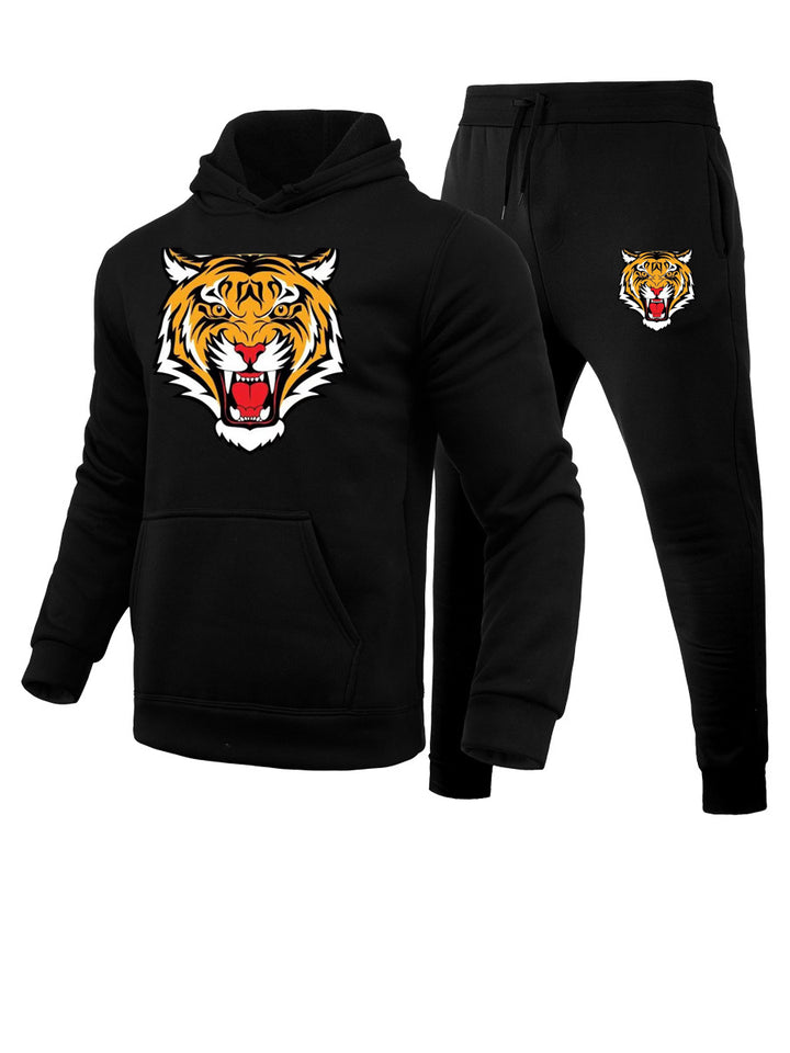 Herren Sportliches Hoodie und Jogginghose Set mit Tiger-Motiv Drune