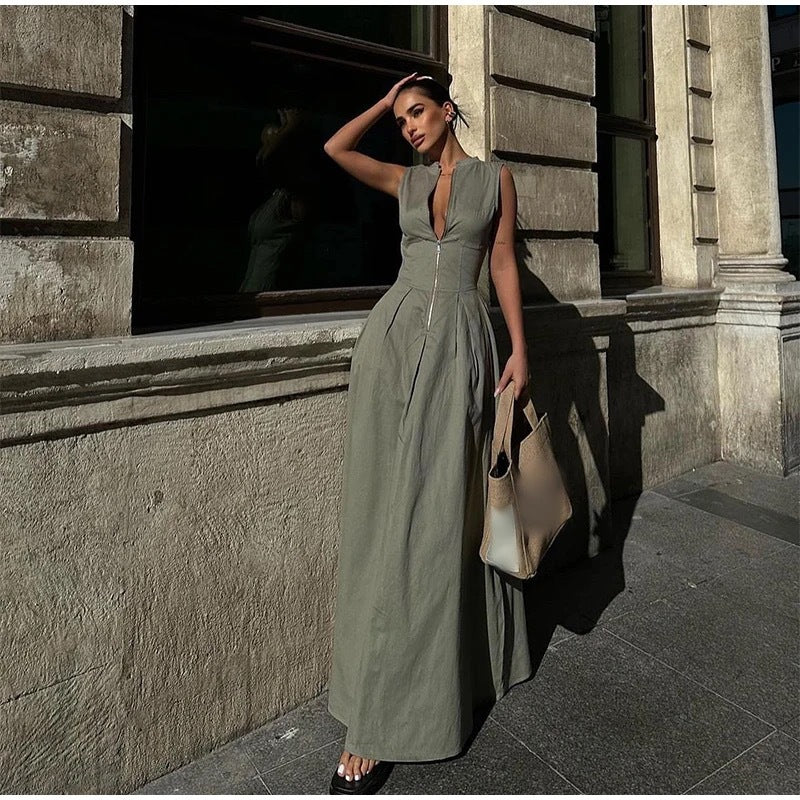 Damen Maxikleid mit tailliertem Schnitt und elegantem Kragen Drune
