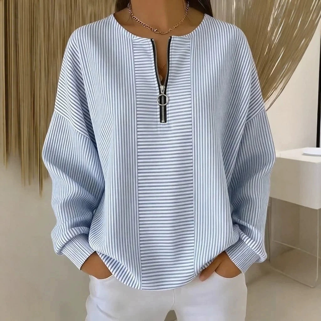 Damen Oversize Pullover mit feiner Rippstruktur und kurzem Zipper Drune