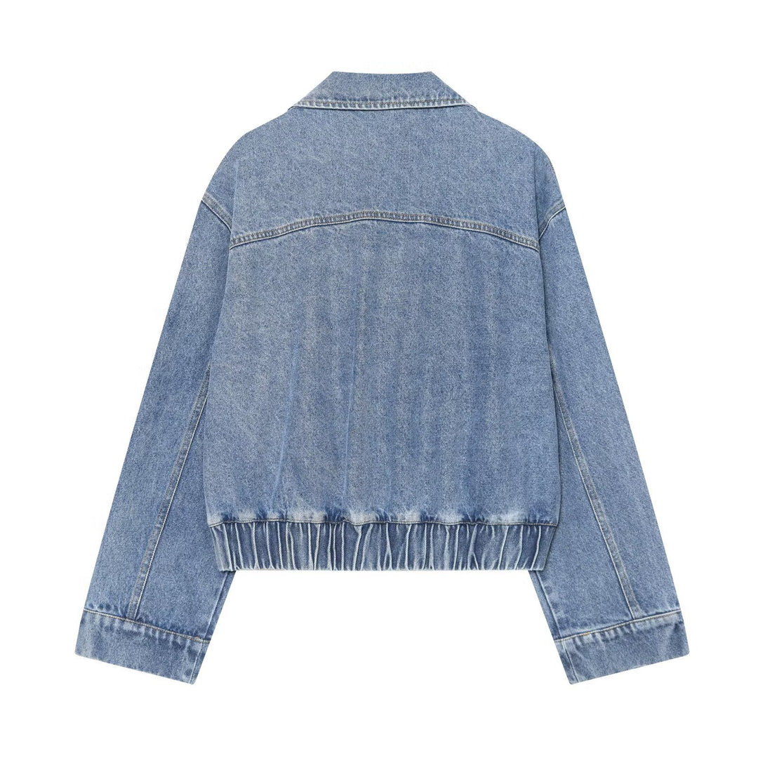Damen kurze Double-Breasted Jeansjacke mit Überschlagkragen, Schulterklappen und gesmoktem Saum Drune