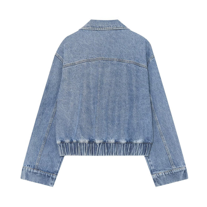 Damen kurze Double-Breasted Jeansjacke mit Überschlagkragen, Schulterklappen und gesmoktem Saum Drune