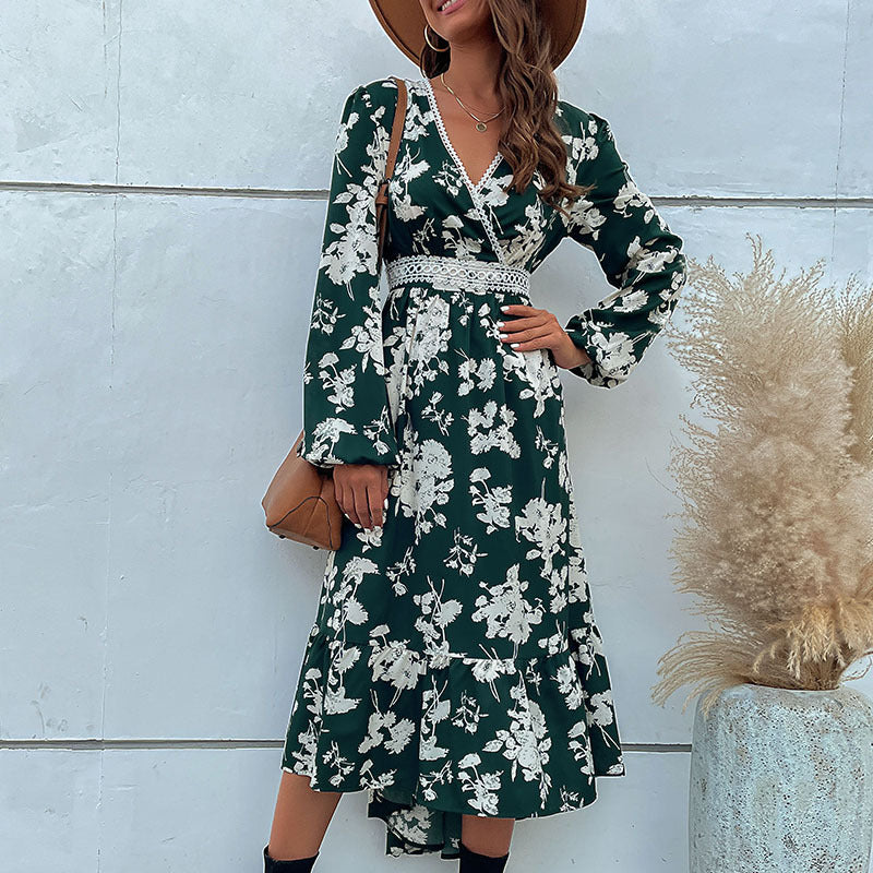 Damen Elegantes Maxikleid mit floralem Muster und V-Ausschnitt Drune
