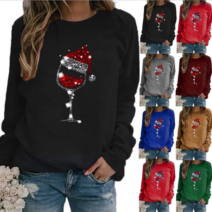 Damen Weihnachts Sweatshirt mit Pailletten Weinglas und Rundhalsausschnitt Drune