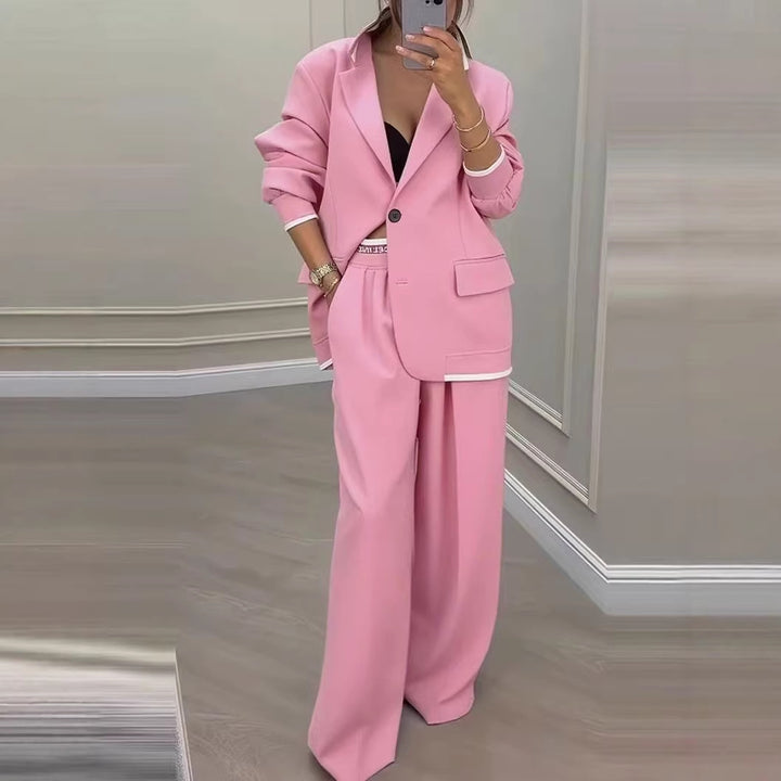 Damen Oversize-Tailoring-Set mit Kontrastpaspel, Single-Button-Blazer und hochgeschnittener Weitbeinhose Drune