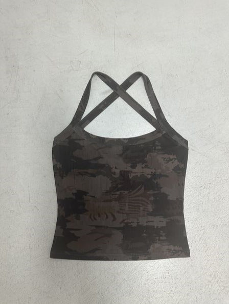 Damen sportliches Tanktop mit X-förmigem Rücken und Camouflage-Muster Drune