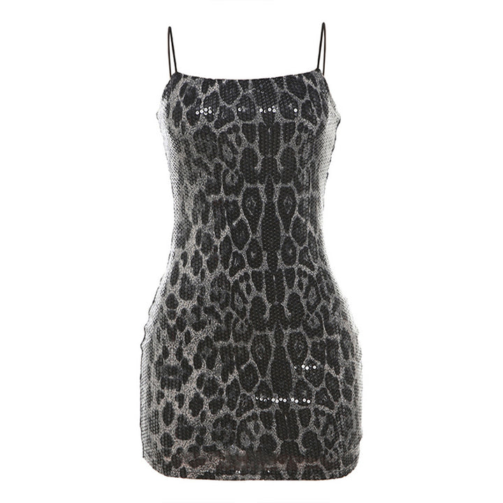 Damen Glitzerndes Minikleid mit Leopardenmuster und Spaghetti-Trägern Drune