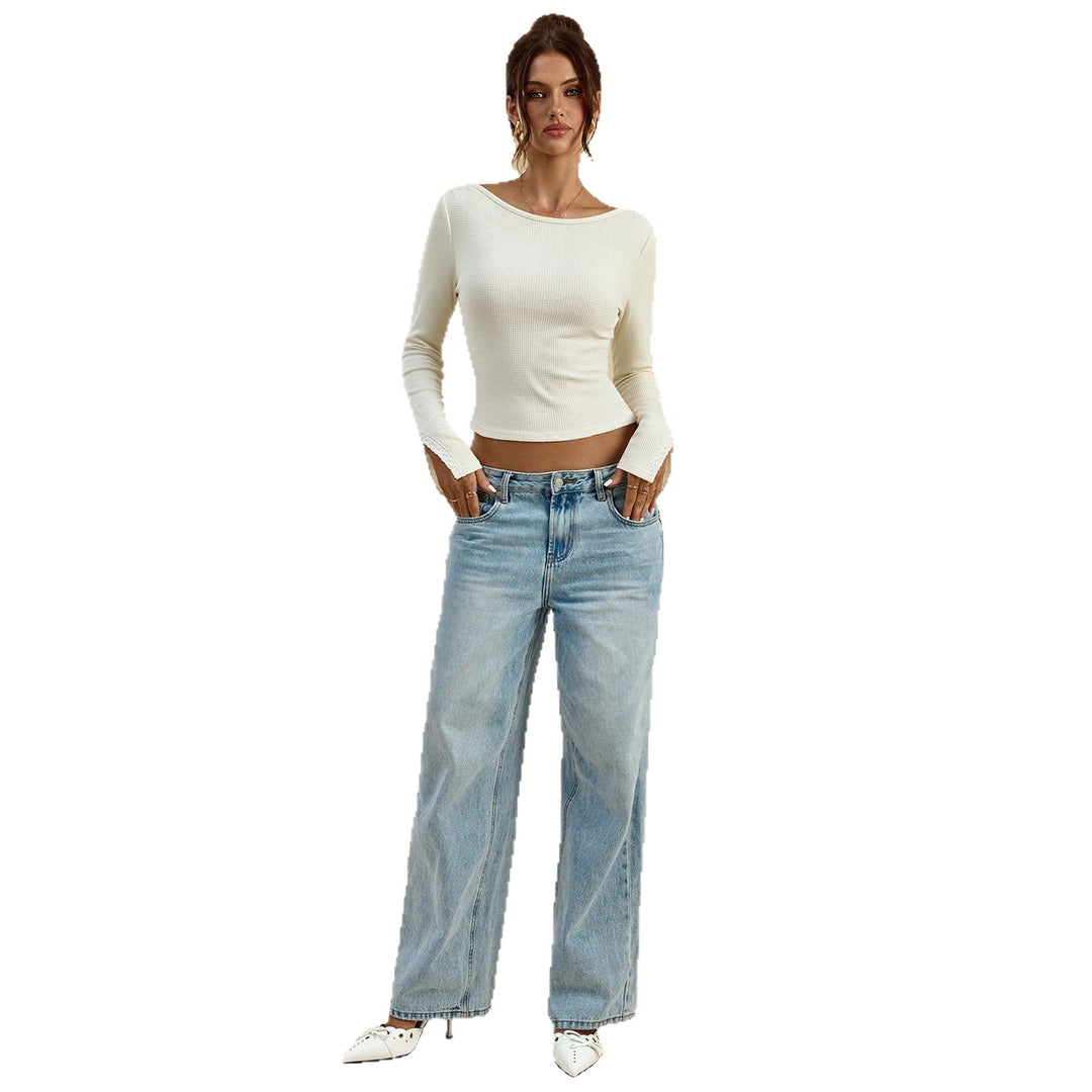 Damen geripptes Waffelstrick-Longsleeve mit U-Boot-Ausschnitt, figurbetonter Passform und Spitzenmanschetten Drune