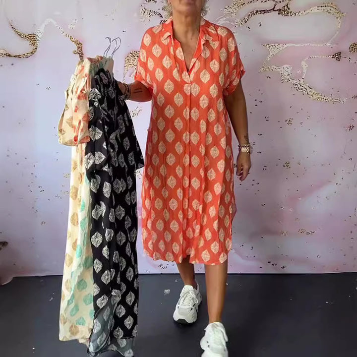 Damen nan legeres Kaftan-Midikleid mit Hemdkragen V-Ausschnitt kurzem Fledermausärmel und seitlichen Eingrifftaschen Drune