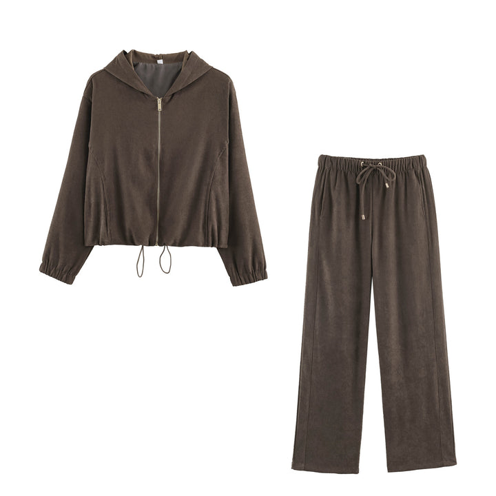 Damen Jersey‑Zweiteiler mit kurzer Kapuzenjacke, Kordelzug und gerader Komforthose Drune