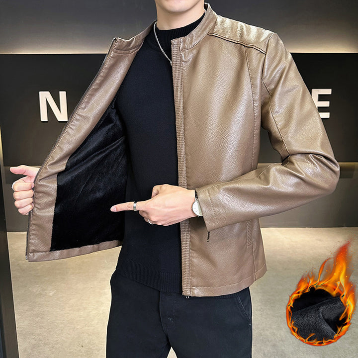 Herren Modische Kunstlederjacke mit hohem Kragen Drune