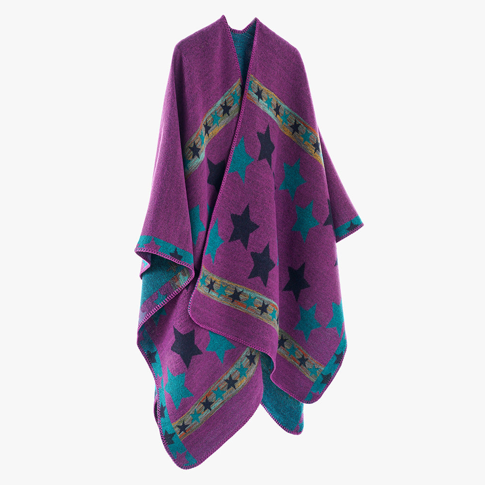 Damen Oversize-Capeponcho aus Wollmix mit zweilagigem Stern‑Jacquard und dekorativer Kettelnaht Drune