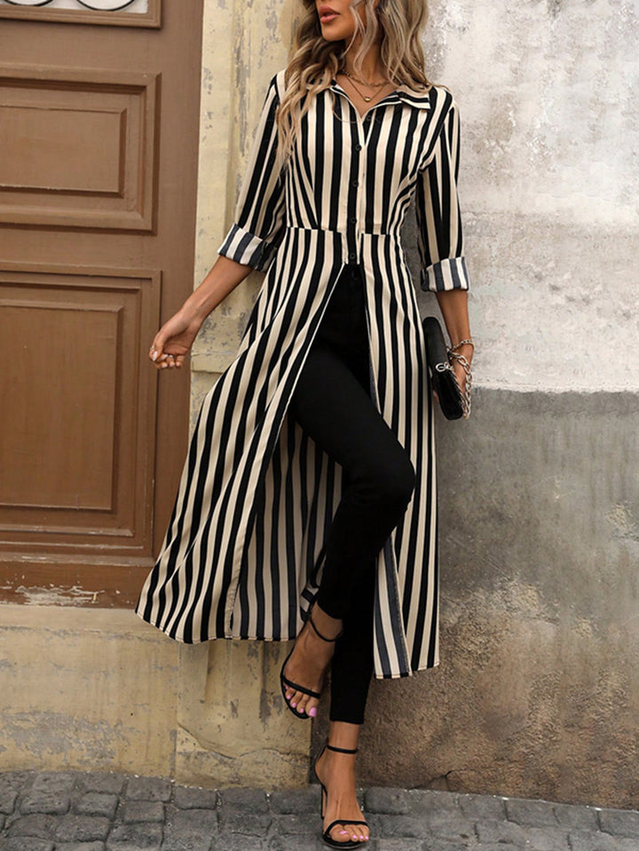 Damen gestreiftes Maxikleid mit Taillengürtel Drune