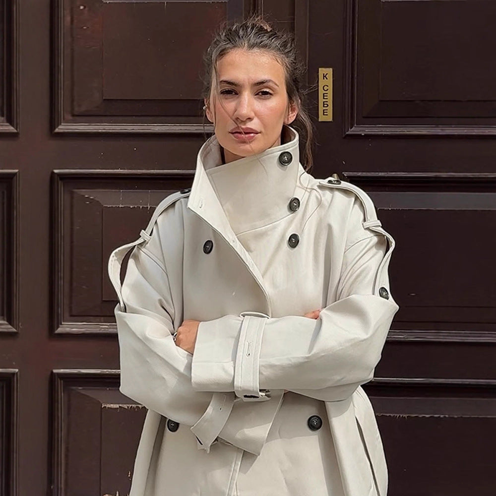 Damen tailloser Long-Trenchcoat im Oversize-Schnitt mit doppelter Knopfleiste und Schulterklappen Drune