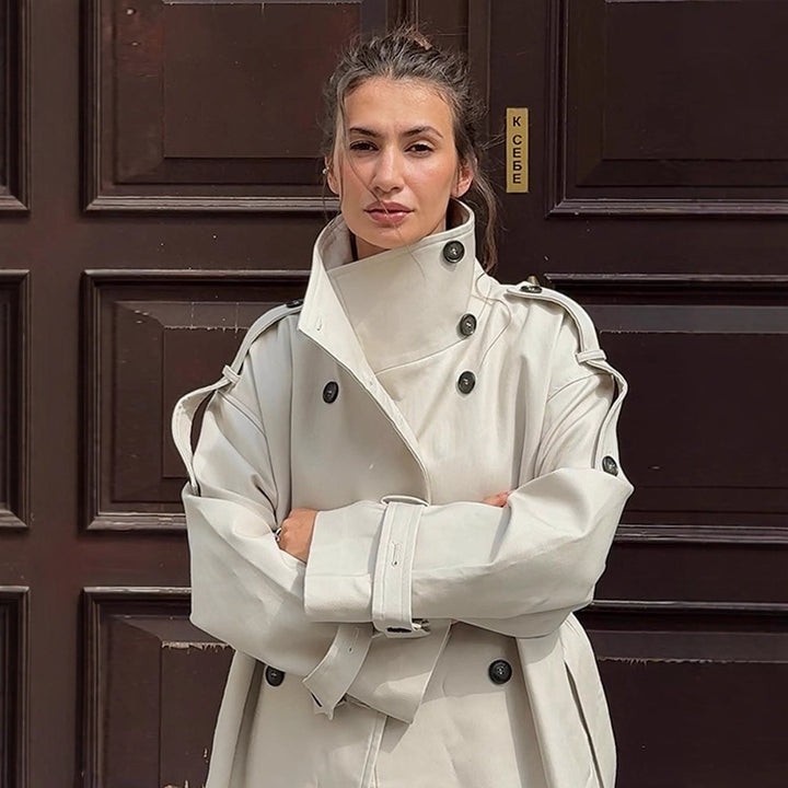 Damen tailloser Long-Trenchcoat im Oversize-Schnitt mit doppelter Knopfleiste und Schulterklappen Drune