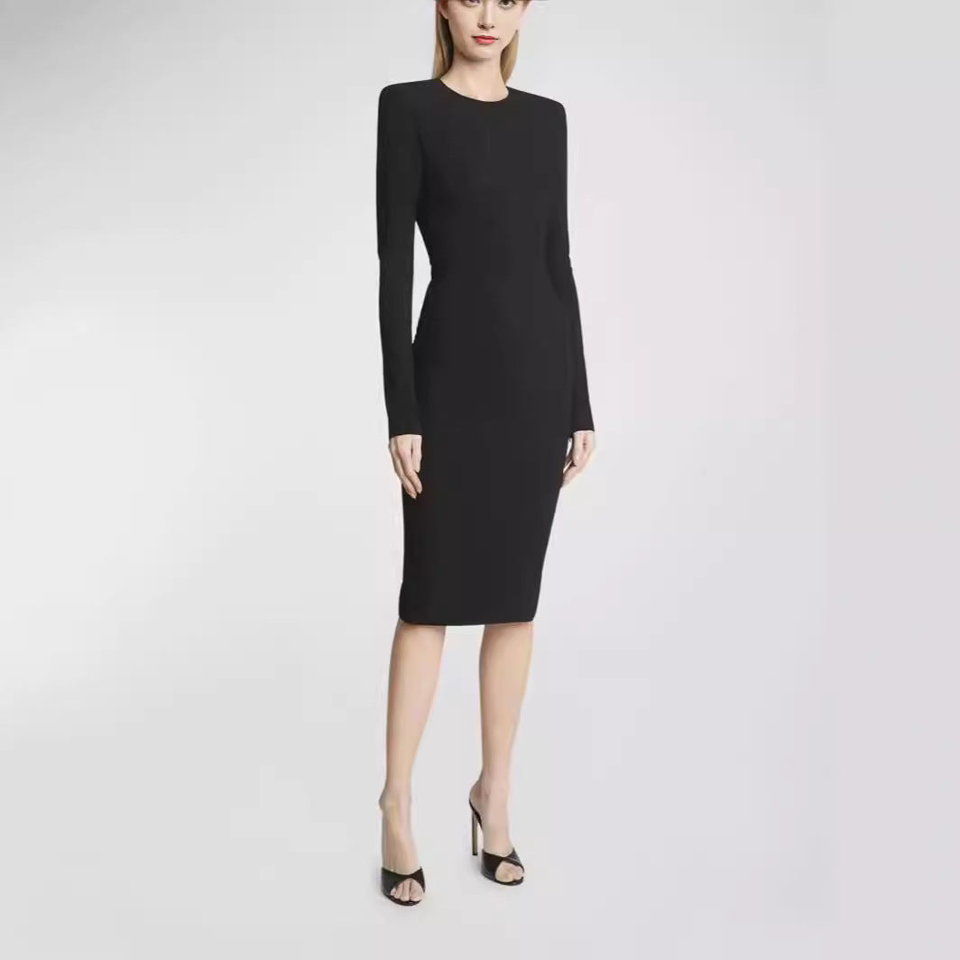 Damen Figurbetontes Midikleid mit Rundhalsausschnitt und langen Ärmeln Drune