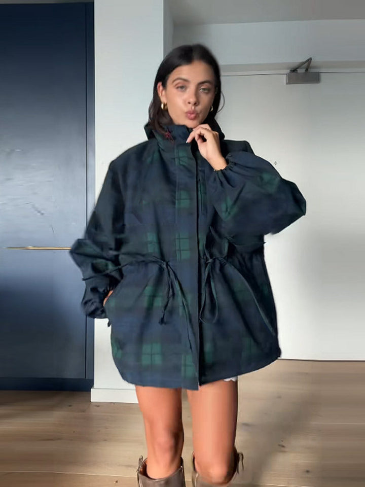 Damen Oversized Jacke im lässigen Karo-Design mit praktischen Taschen und Taillenzug Drune