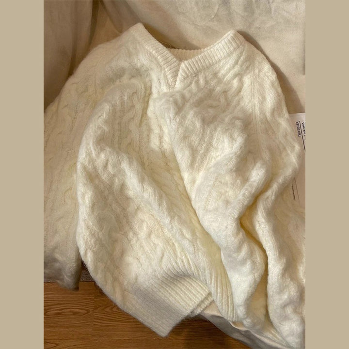Damen Grobstrickpullover mit V-Ausschnitt und Zopfmuster Drune