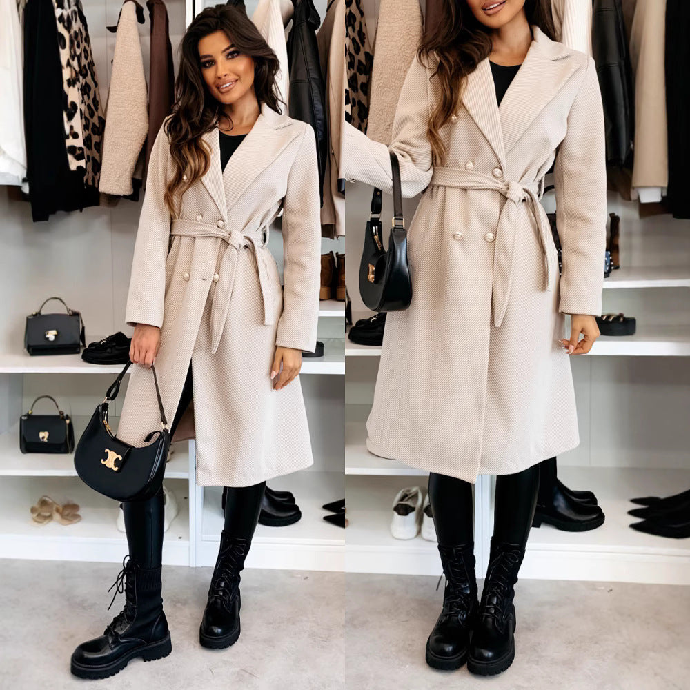 Damen eleganter Knielanger Trenchcoat mit Gürtel und doppelter Knopfleiste Drune