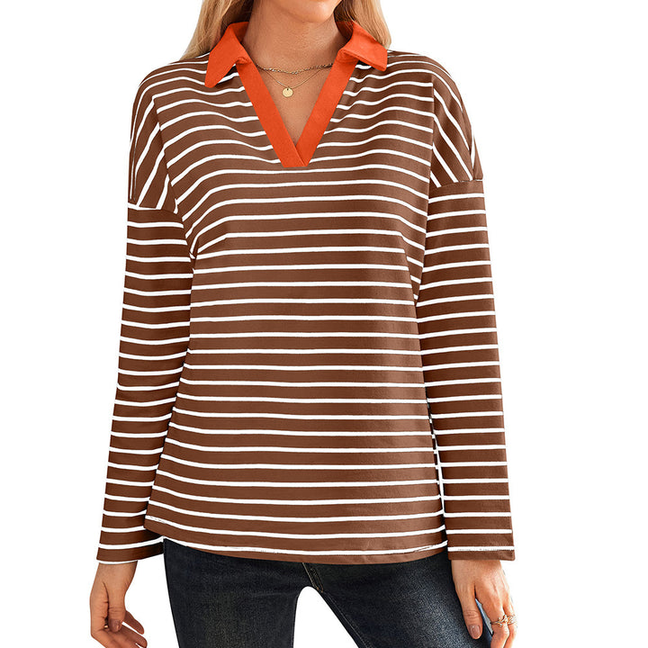 Damen gestreiftes Polo-Shirt mit V-Ausschnitt und kontrastierendem Kragen Drune