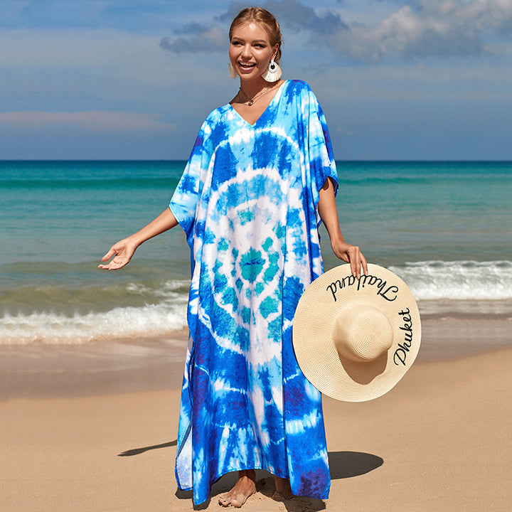 Damen Strandkleid mit buntem Batikdesign und weit geschnittenen Ärmeln Drune