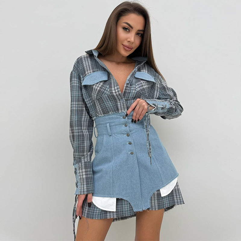 Damen modisches Hemdblusenkleid mit Denim-Elementen Drune