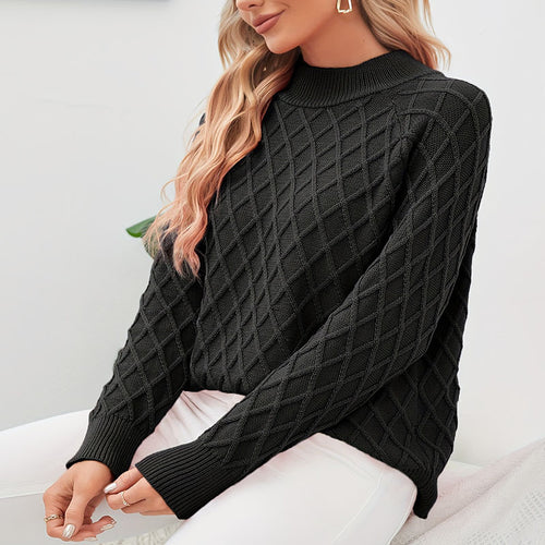 Damen Grobstrickpullover mit trendigem Rautenmuster und hohem Kragen Drune