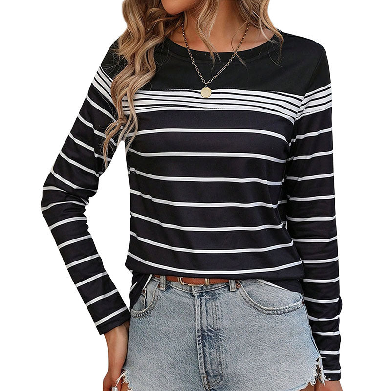 Damen Gestreiftes Langarmshirt mit Rundhalsausschnitt und kontrastiertem Yoke Drune