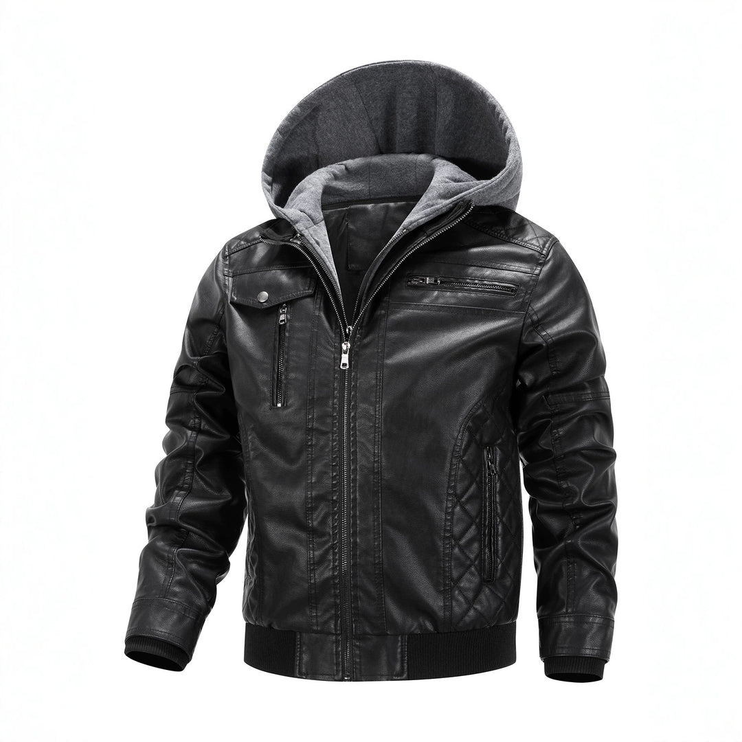 Herren Kunstleder-Bikerjacke mit abnehmbarer Kapuzenblende und gesteppter Seitenpartie Drune