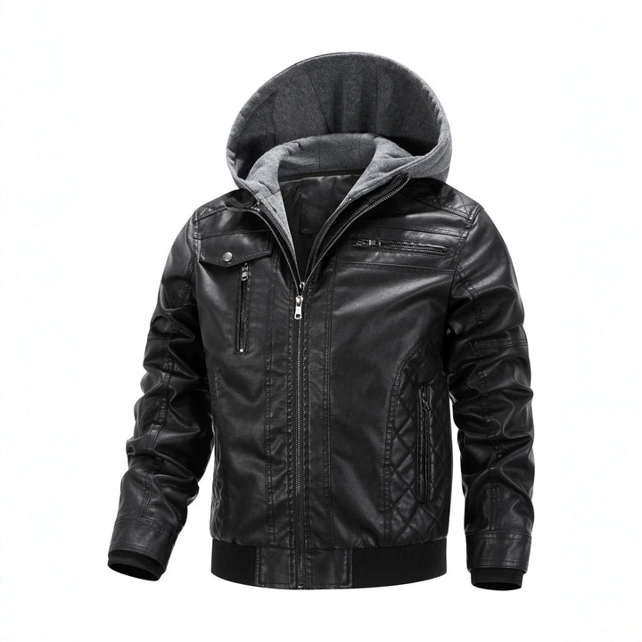 Herren Kunstleder-Bikerjacke mit abnehmbarer Kapuzenblende und gesteppter Seitenpartie Drune