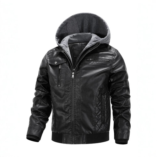 Herren Kunstleder-Bikerjacke mit abnehmbarer Kapuzenblende und gesteppter Seitenpartie Drune