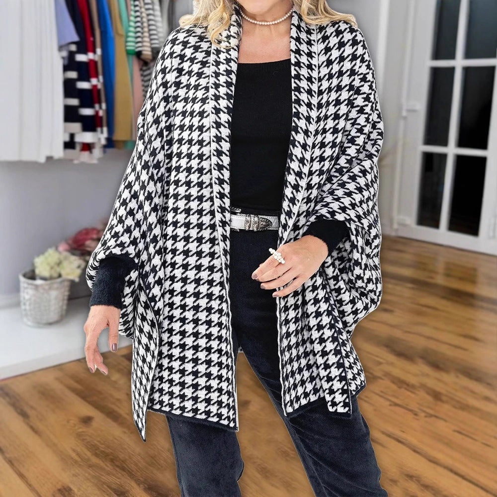 Damen Oversized Poncho mit Hahnentritt-Muster und offenem Schalkragen Drune