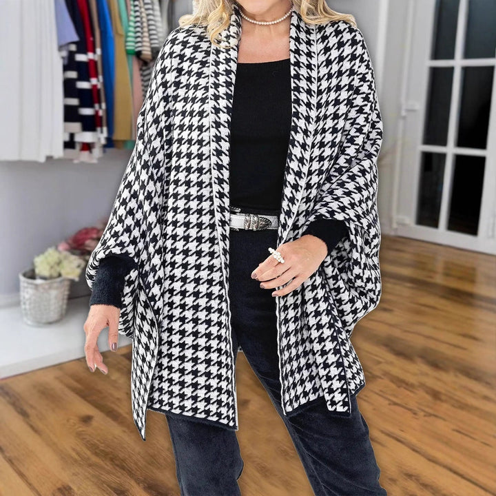 Damen Oversized Poncho mit Hahnentritt-Muster und offenem Schalkragen Drune